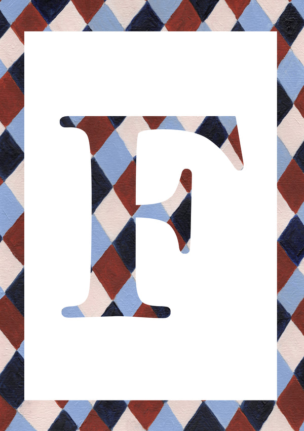  Letter F alphabet watercolour art print with a pale blue, navy, warm brown and cream harlequin-patterned serif F and matching diamond border on a white background.