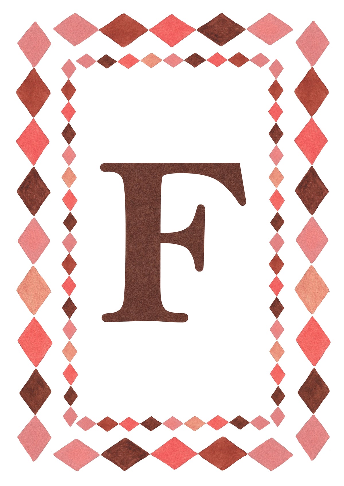 Watercolour letter F art print in warm brown with a double harlequin diamond border in coral pink, blush and brown on a white background.