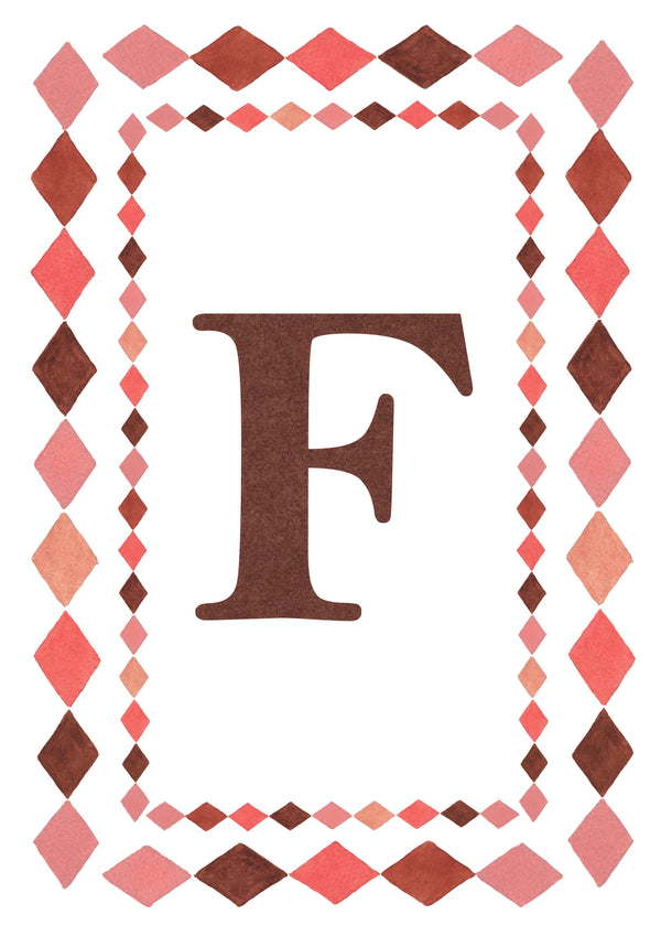 Watercolour letter F art print in warm brown with a double harlequin diamond border in coral pink, blush and brown on a white background.