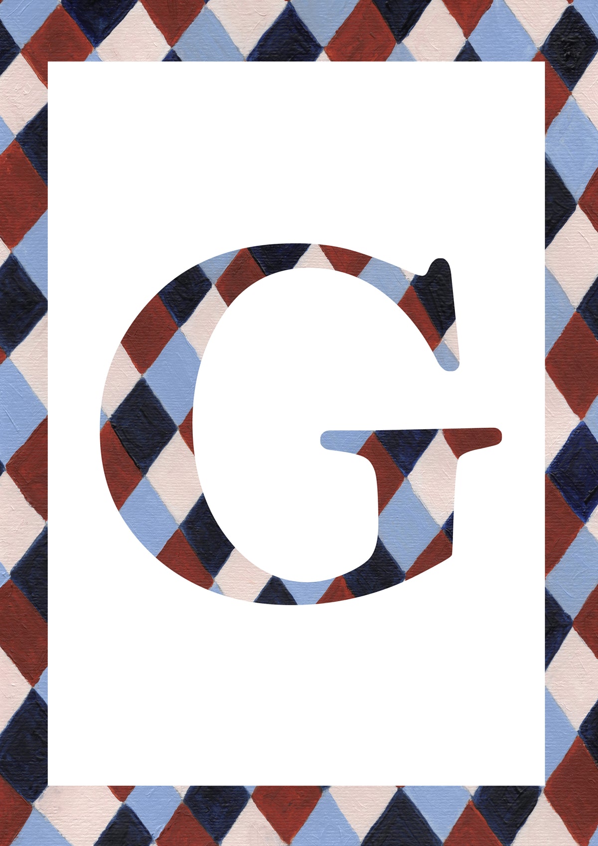 Letter G alphabet watercolour art print with a pale blue, navy, warm brown and cream harlequin-patterned serif G and matching diamond border on a white background