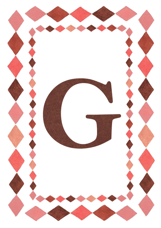 Watercolour letter G art print in warm brown with a double harlequin diamond border in coral pink, blush and brown on a white background.