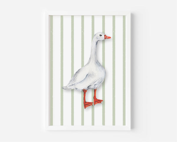 A framed art print featuring a watercolor-style white goose with red-orange beak and legs, standing against a background of vertical light green and white stripes.