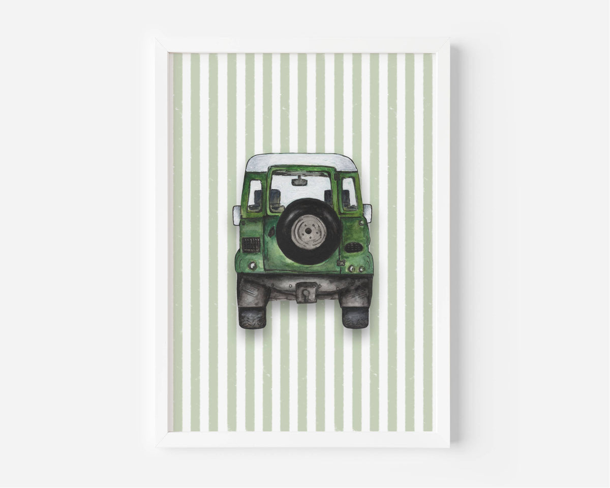 A framed art print featuring a green vintage off-road vehicle with a spare tire on the back, set against a background of vertical light green and white stripes.