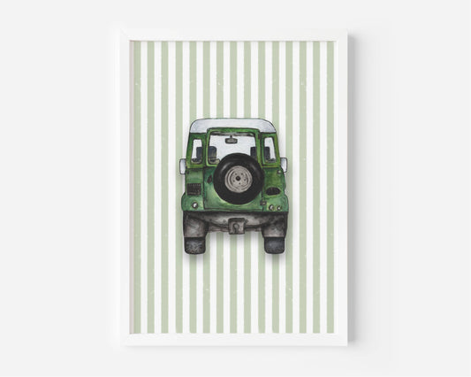 A framed art print featuring a green vintage off-road vehicle with a spare tire on the back, set against a background of vertical light green and white stripes.