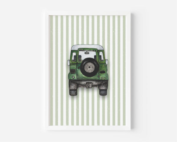 A framed art print featuring a green vintage off-road vehicle with a spare tire on the back, set against a background of vertical light green and white stripes.