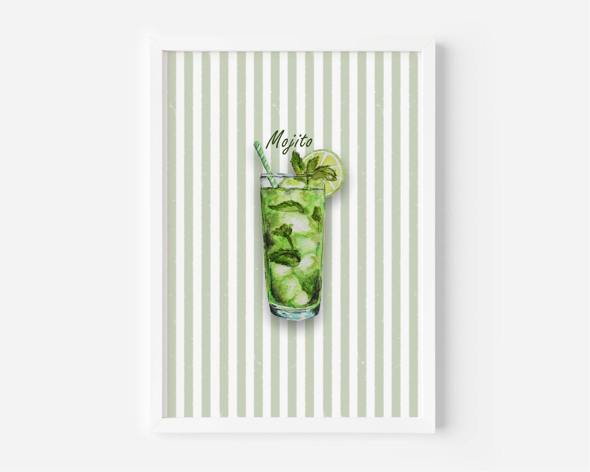 A framed art print featuring a watercolour illustration of a mojito cocktail in a tall glass with mint leaves, ice and a lime wheel, set against a background of vertical pale green and white stripes. The print is shown in a white frame against a light grey wall.