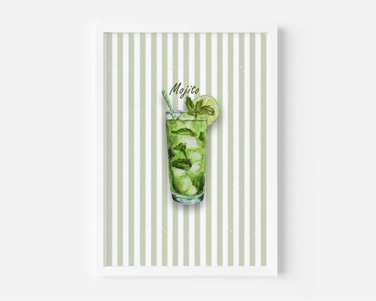 A framed art print featuring a watercolour illustration of a mojito cocktail in a tall glass with mint leaves, ice and a lime wheel, set against a background of vertical pale green and white stripes. The print is shown in a white frame against a light grey wall.