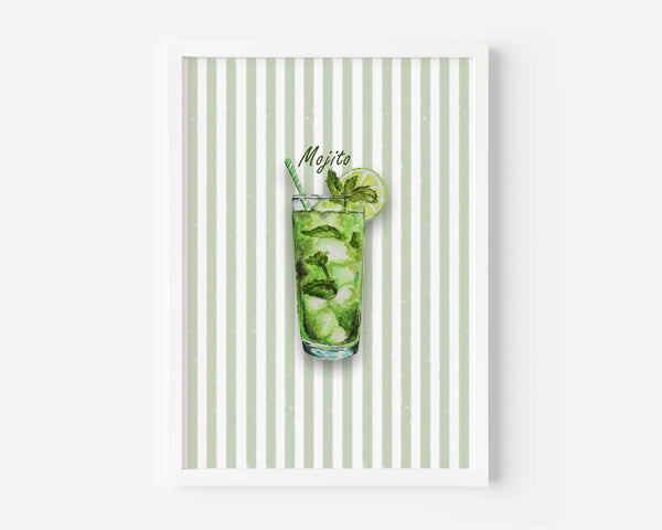 A framed art print featuring a watercolour illustration of a mojito cocktail in a tall glass with mint leaves, ice and a lime wheel, set against a background of vertical pale green and white stripes. The print is shown in a white frame against a light grey wall.