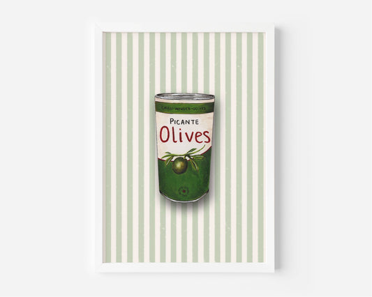 A framed art print featuring a retro-style illustration of a green can of olives with the text 'PICANTE Olives' on a background of pale green and white vertical stripes.