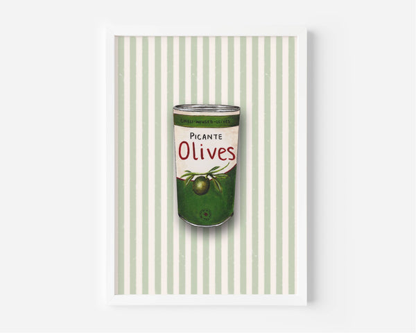 A framed art print featuring a retro-style illustration of a green can of olives with the text 'PICANTE Olives' on a background of pale green and white vertical stripes.