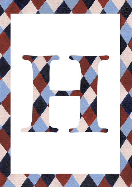 Letter H alphabet watercolour art print with a pale blue, navy, warm brown and cream harlequin-patterned serif H and matching diamond border on a white background