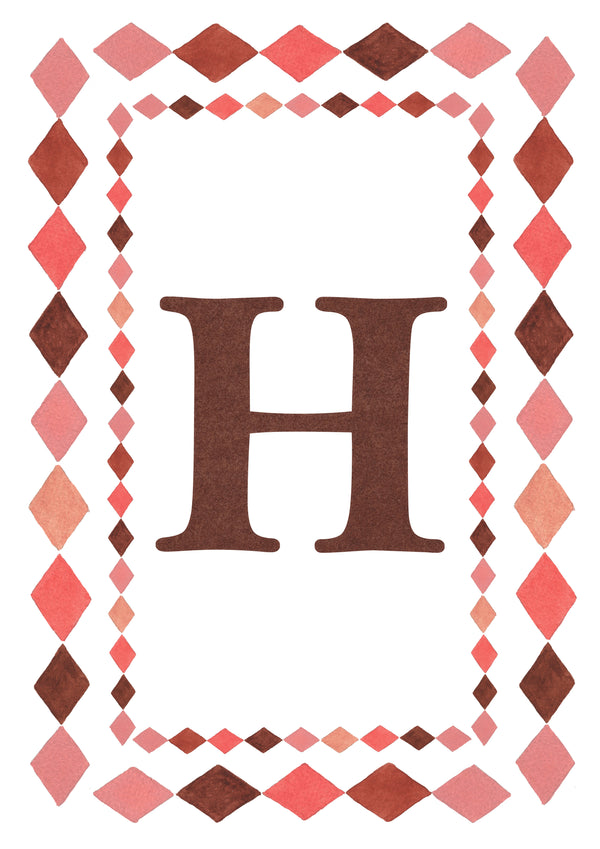 Watercolour letter H art print in warm brown with a double harlequin diamond border in coral pink, blush and brown on a white background.