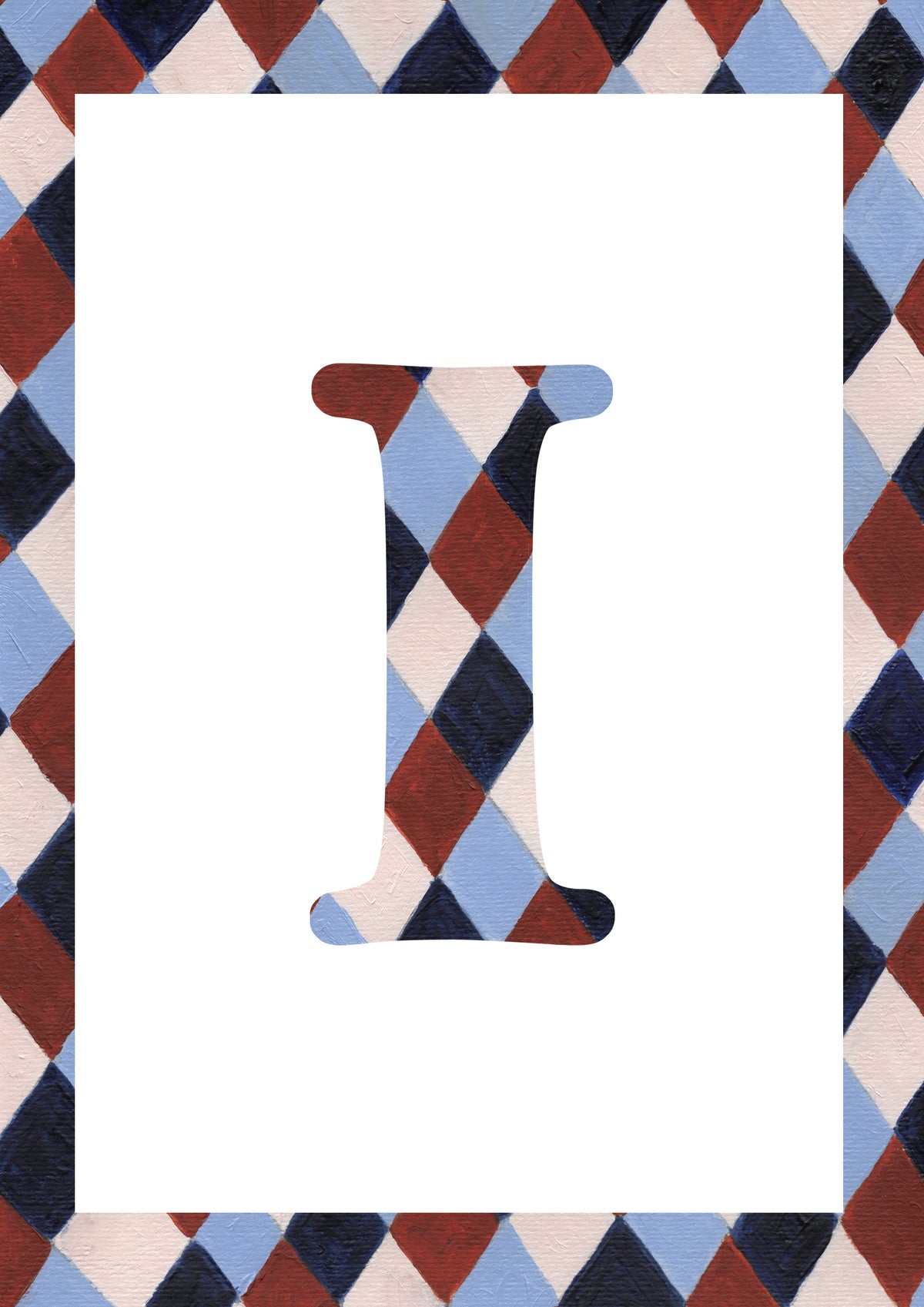 Watercolour capital letter I with a matching harlequin diamond border in pale blue, navy, warm brown and cream around a white centre.
