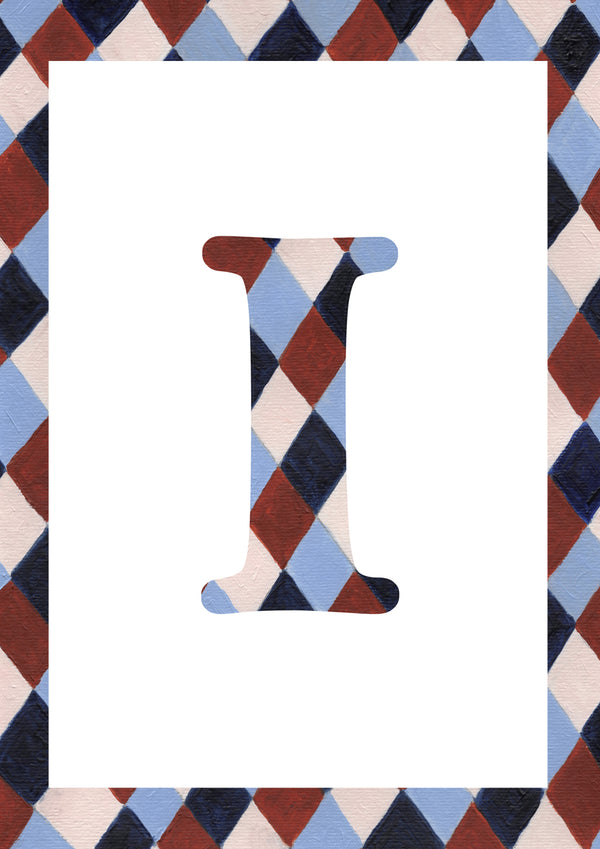 Watercolour capital letter I with a matching harlequin diamond border in pale blue, navy, warm brown and cream around a white centre.
