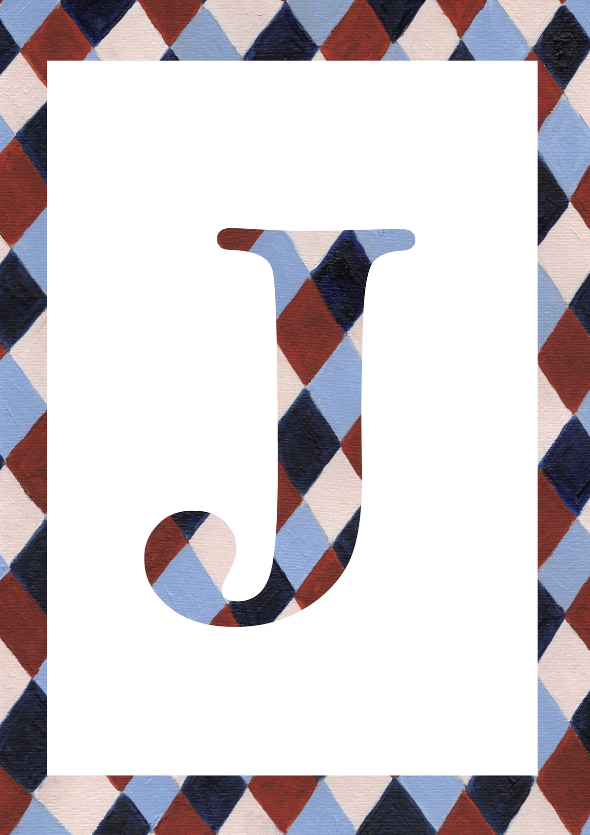 Letter J alphabet watercolour art print with a pale blue, navy, warm brown and cream harlequin-patterned serif J and matching diamond border on a white background.