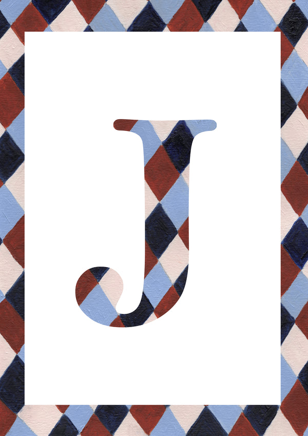 Letter J alphabet watercolour art print with a pale blue, navy, warm brown and cream harlequin-patterned serif J and matching diamond border on a white background.