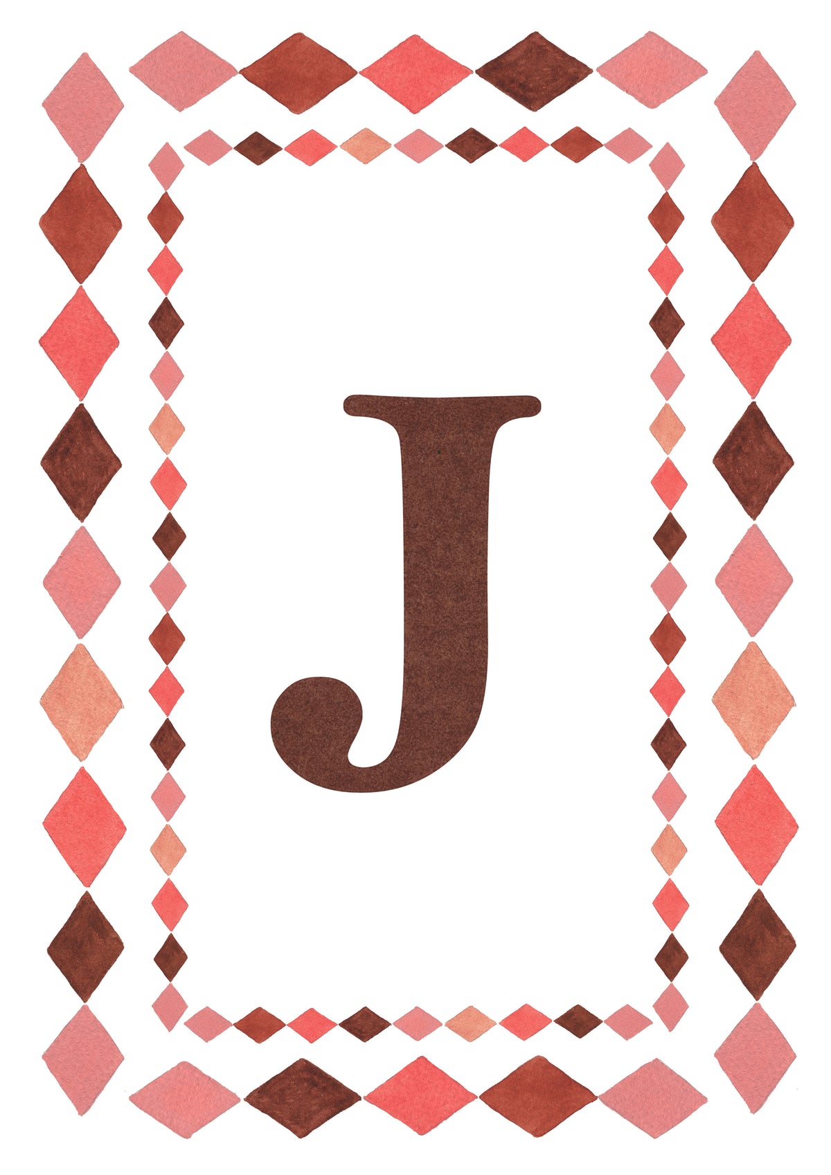 Watercolour letter J art print in warm brown with a double harlequin diamond border in coral pink, blush and brown on a white background.