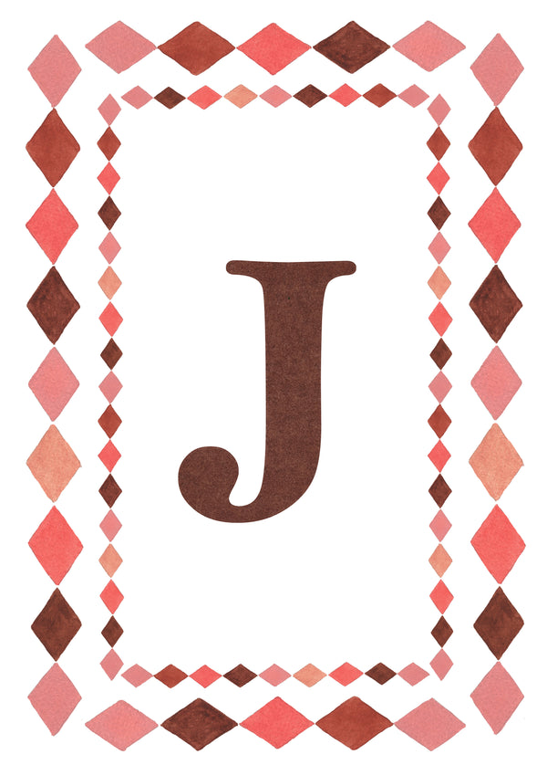 Watercolour letter J art print in warm brown with a double harlequin diamond border in coral pink, blush and brown on a white background.
