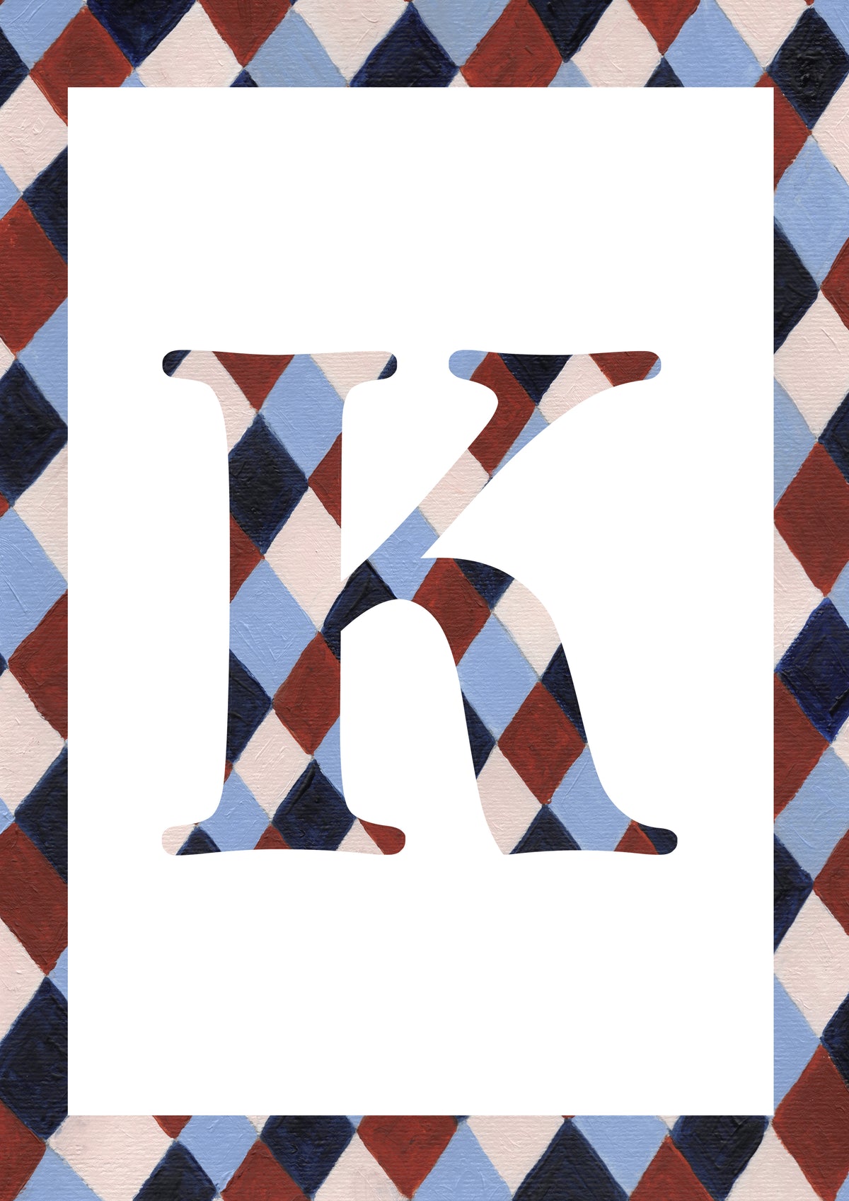 A decorative letter K monogram with a harlequin diamond pattern in navy, light blue, burgundy, and cream, set against a white rectangular field with a matching patterned border.