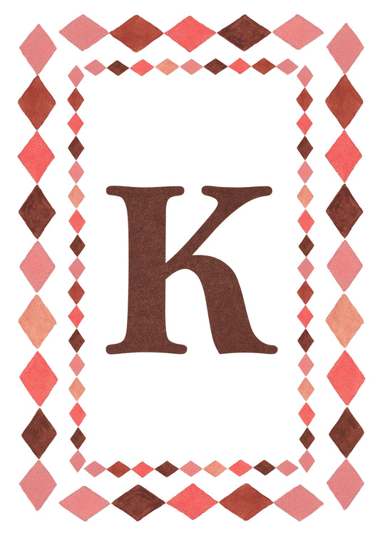 Watercolour letter K art print in warm brown with a double harlequin diamond border in coral pink, blush and brown on a white background.