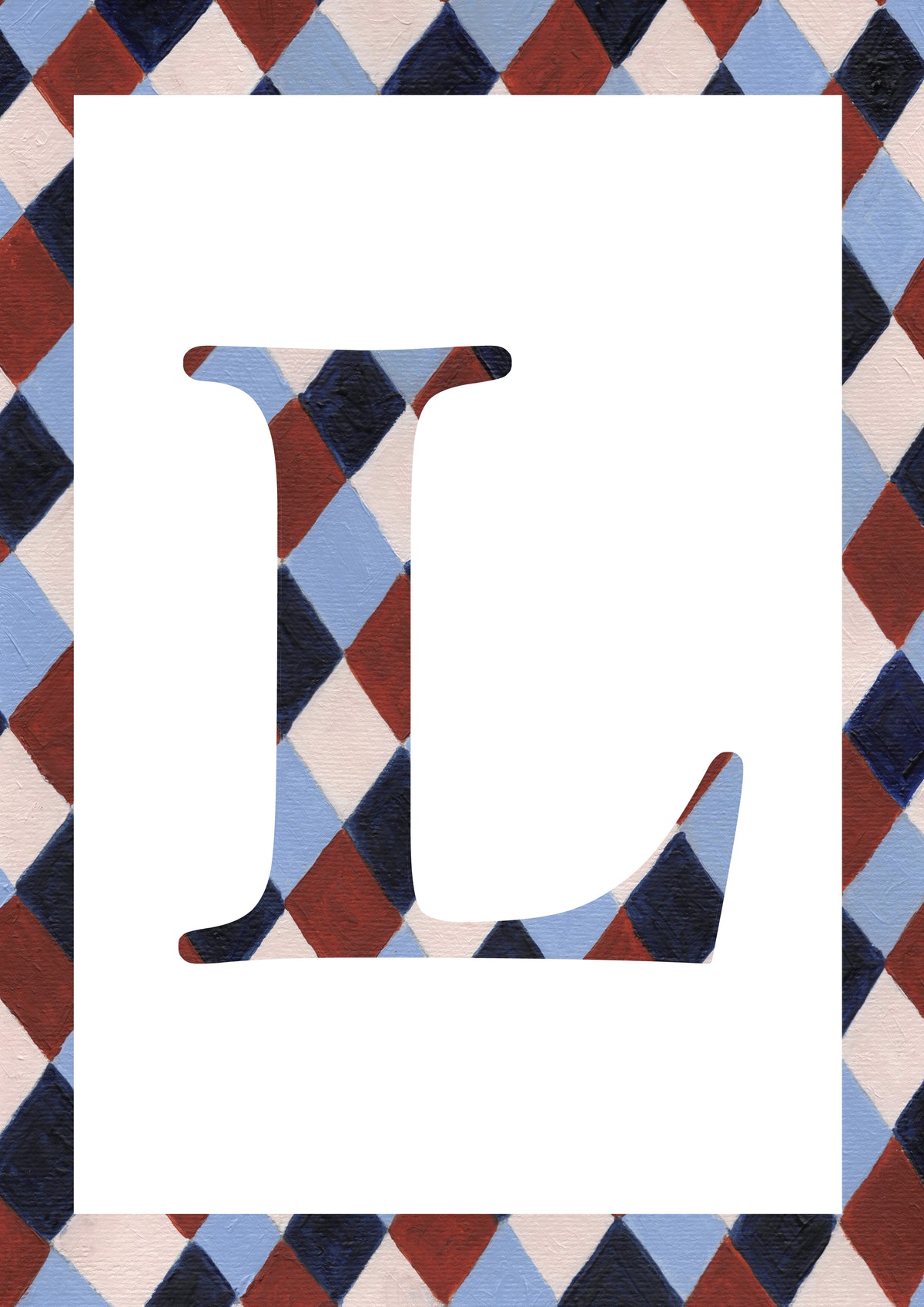 Letter L alphabet watercolour art print with a pale blue, navy, warm brown and cream harlequin-patterned serif L and matching diamond border on a white background