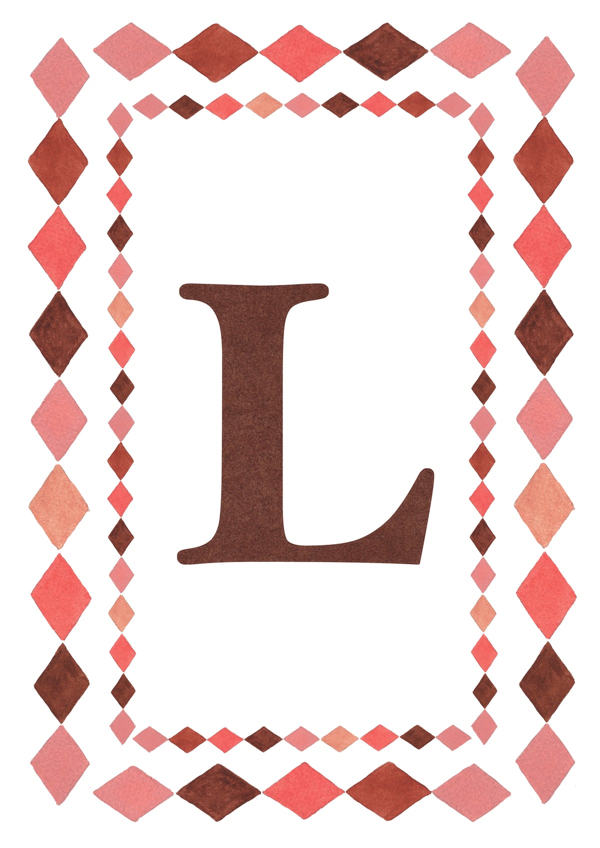 Watercolour letter L art print in warm brown with a double harlequin diamond border in coral pink, blush and brown on a white background.