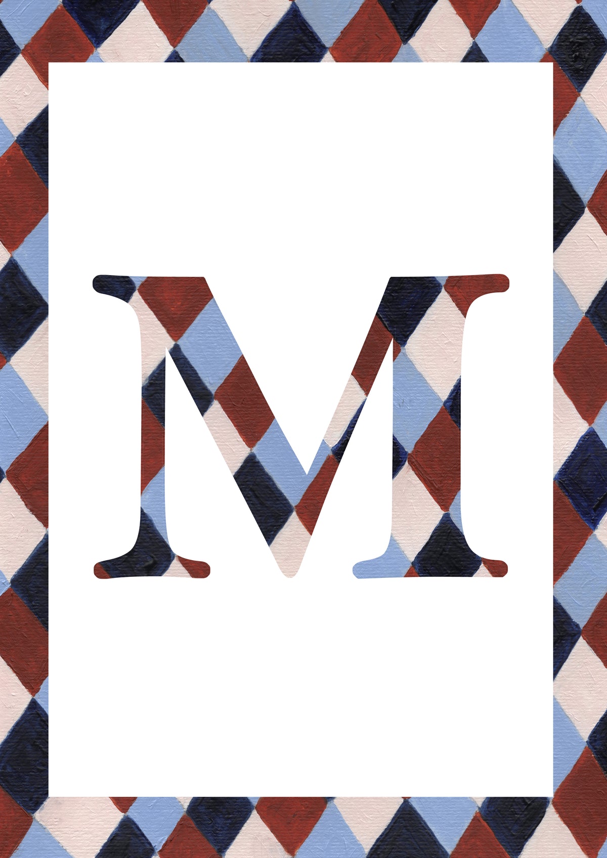 Letter M alphabet watercolour art print with a pale blue, navy, warm brown and cream harlequin-patterned serif M and matching diamond border on a white background.