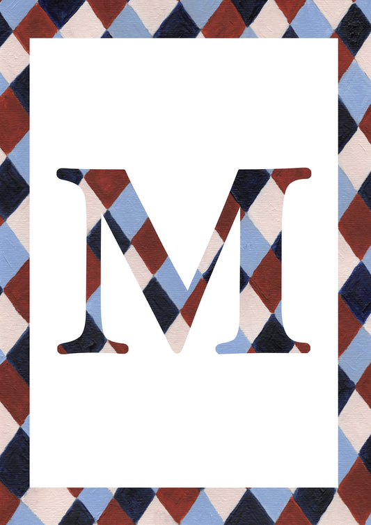 Letter M alphabet watercolour art print with a pale blue, navy, warm brown and cream harlequin-patterned serif M and matching diamond border on a white background.