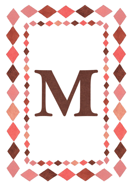 Watercolour letter M art print in warm brown with a double harlequin diamond border in coral pink, blush and brown on a white background.