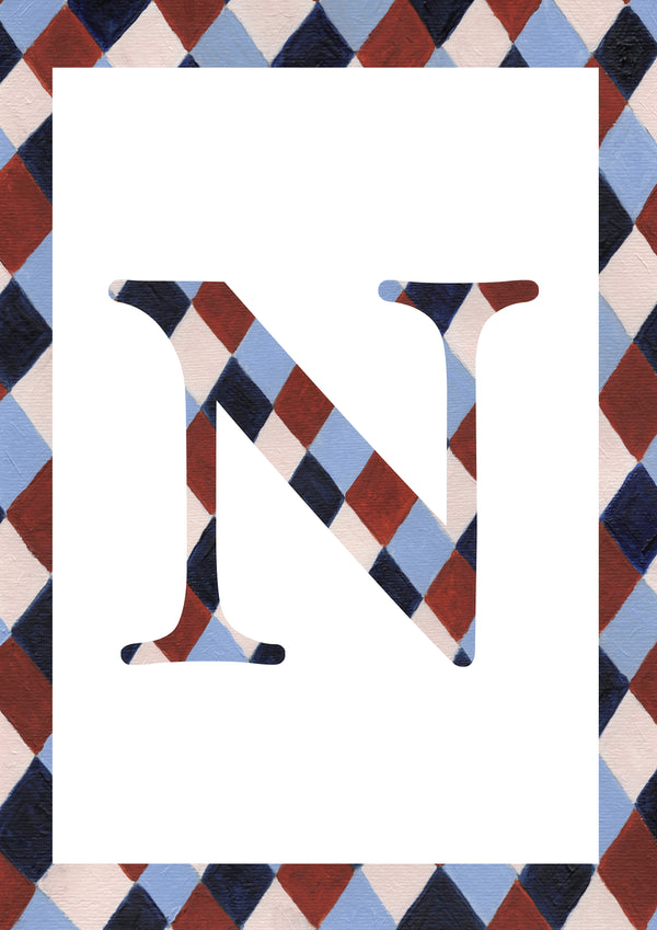 Letter N alphabet watercolour art print with a pale blue, navy, warm brown and cream harlequin-patterned serif N and matching diamond border on a white background.