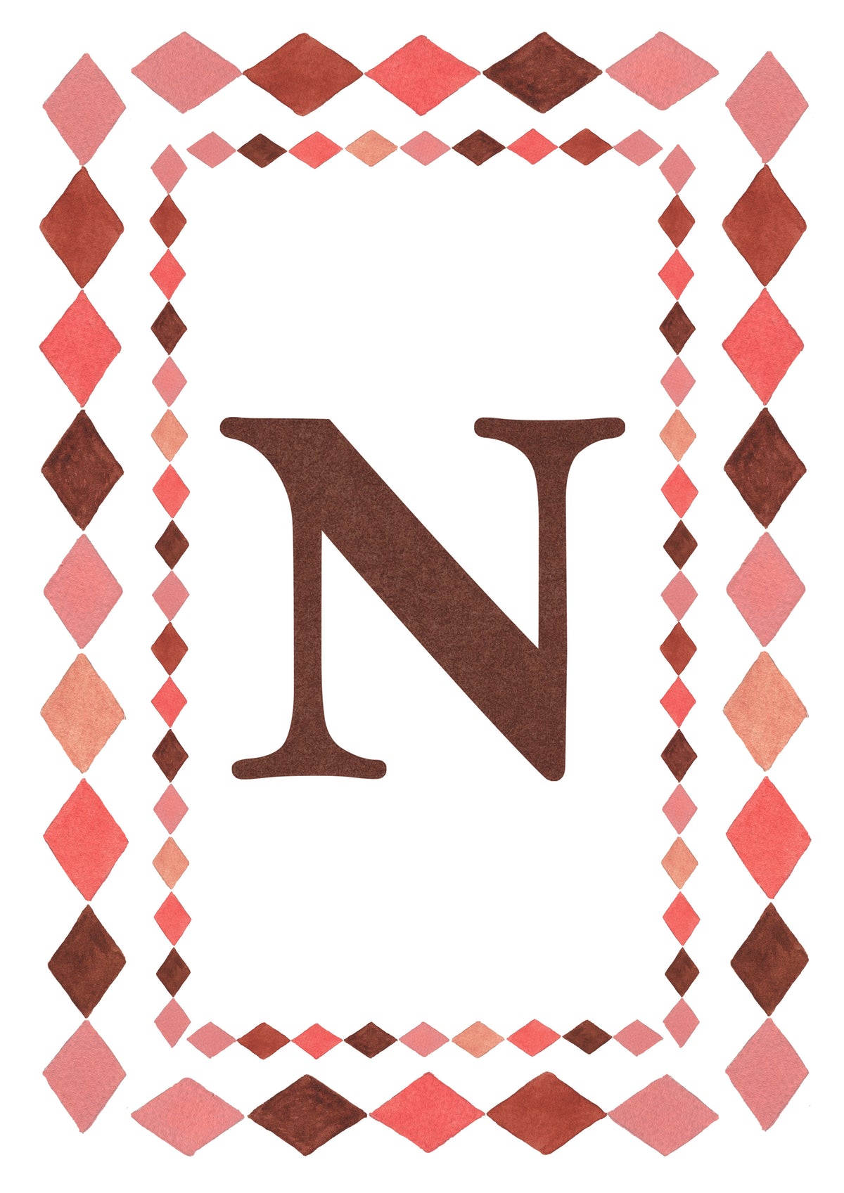 Watercolour letter N art print in warm brown with a double harlequin diamond border in coral pink, blush and brown on a white background.