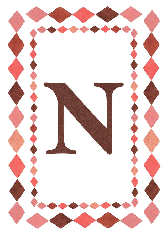 Watercolour letter N art print in warm brown with a double harlequin diamond border in coral pink, blush and brown on a white background.