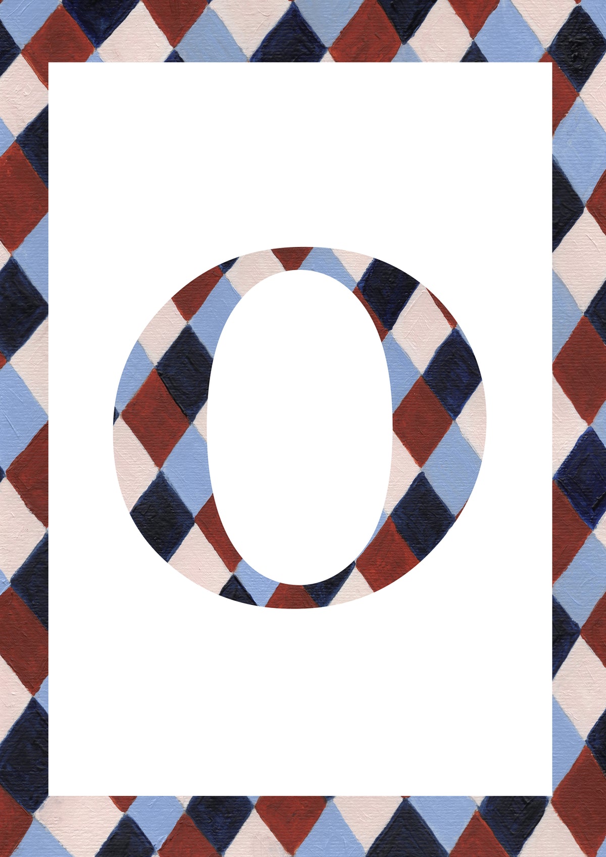 Letter O alphabet watercolour art print with a pale blue, navy, warm brown and cream harlequin-patterned serif O and matching diamond border on a white background.