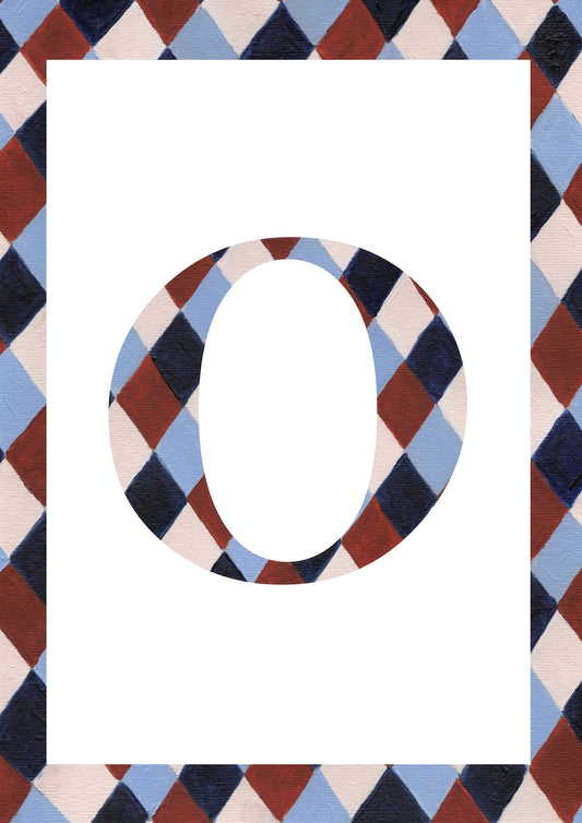 Letter O alphabet watercolour art print with a pale blue, navy, warm brown and cream harlequin-patterned serif O and matching diamond border on a white background.