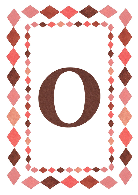 Watercolour letter O art print in warm brown with a double harlequin diamond border in coral pink, blush and brown on a white background.