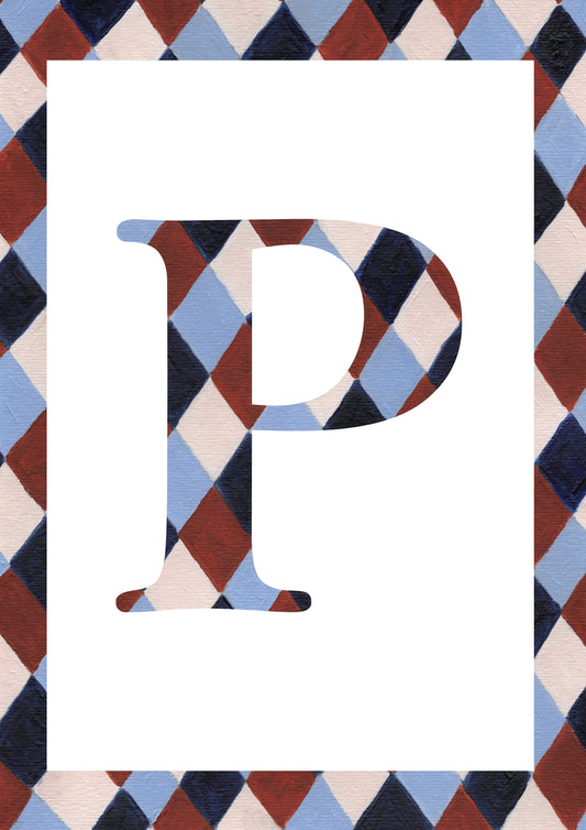 Letter P alphabet watercolour art print with a pale blue, navy, warm brown and cream harlequin-patterned serif P and matching diamond border on a white background.