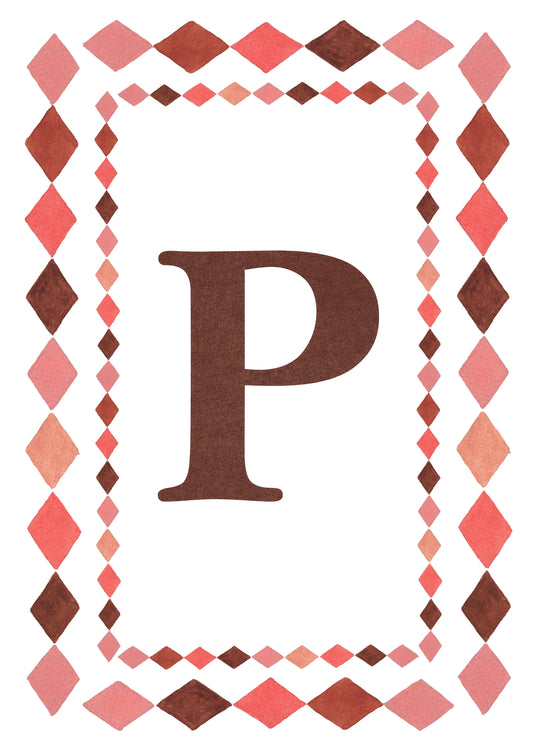 Watercolour letter P art print in warm brown with a double harlequin diamond border in coral pink, blush and brown on a white background.