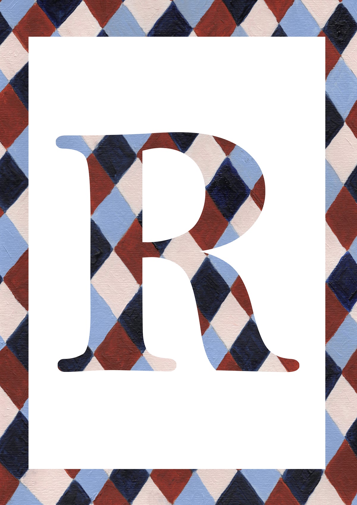 Letter R alphabet watercolour art print with a pale blue, navy, warm brown and cream harlequin-patterned serif R and matching diamond border on a white background.