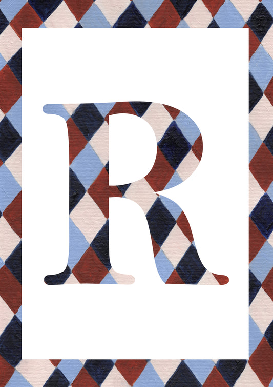 Letter R alphabet watercolour art print with a pale blue, navy, warm brown and cream harlequin-patterned serif R and matching diamond border on a white background.