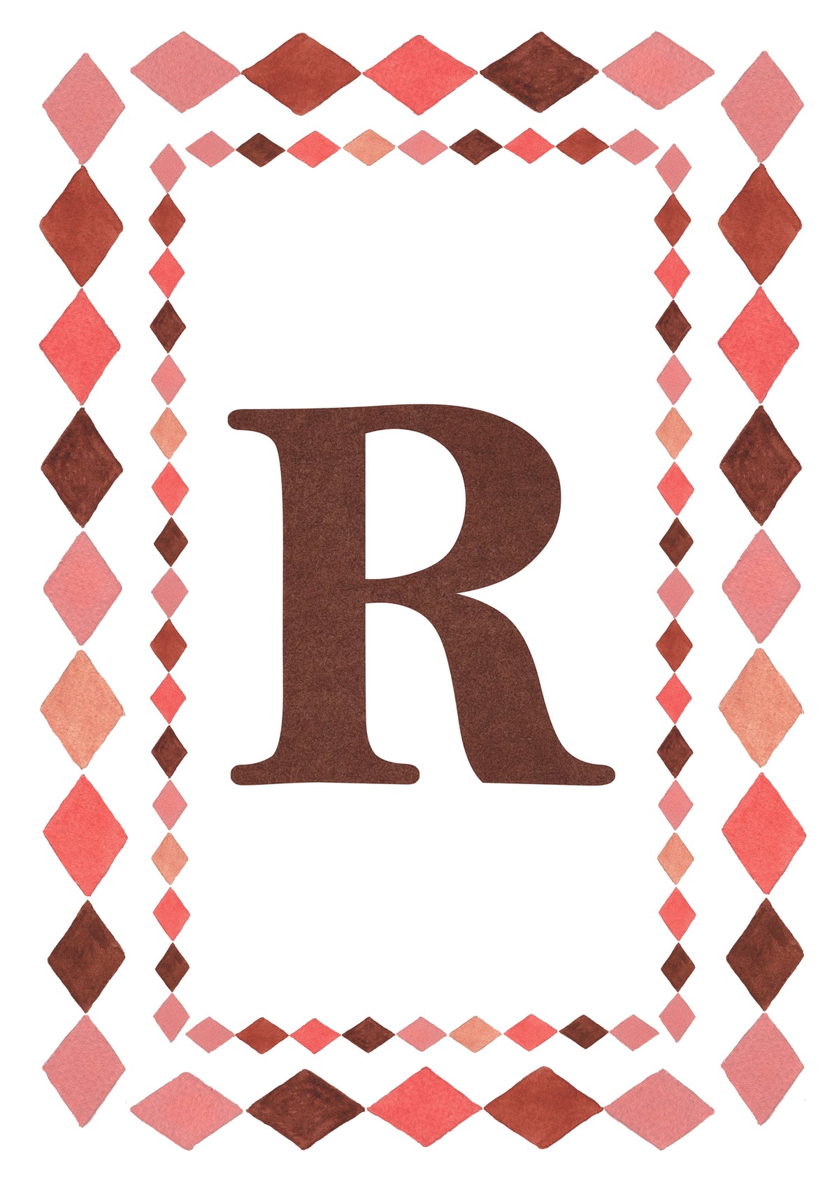 Watercolour letter R art print in warm brown with a double harlequin diamond border in coral pink, blush and brown on a white background.