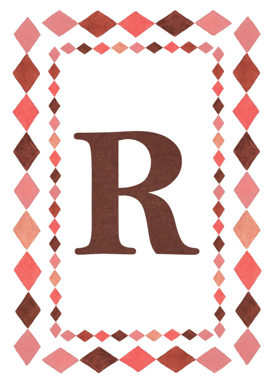 Watercolour letter R art print in warm brown with a double harlequin diamond border in coral pink, blush and brown on a white background.