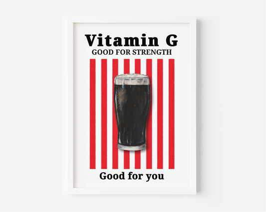 A framed poster print featuring a vintage-style design with red vertical stripes, the text 'Vitamin G GOOD FOR STRENGTH' at the top and 'Good for you' at the bottom, plus an illustration of a dark pint glass in the center.