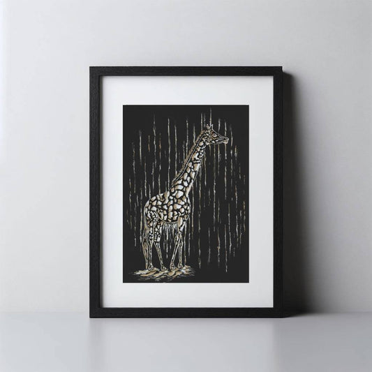 A framed art print featuring a detailed illustration of a giraffe standing under vertical rain-like streaks on a black background, matted with white and enclosed in a black frame, leaning against a light gray wall.