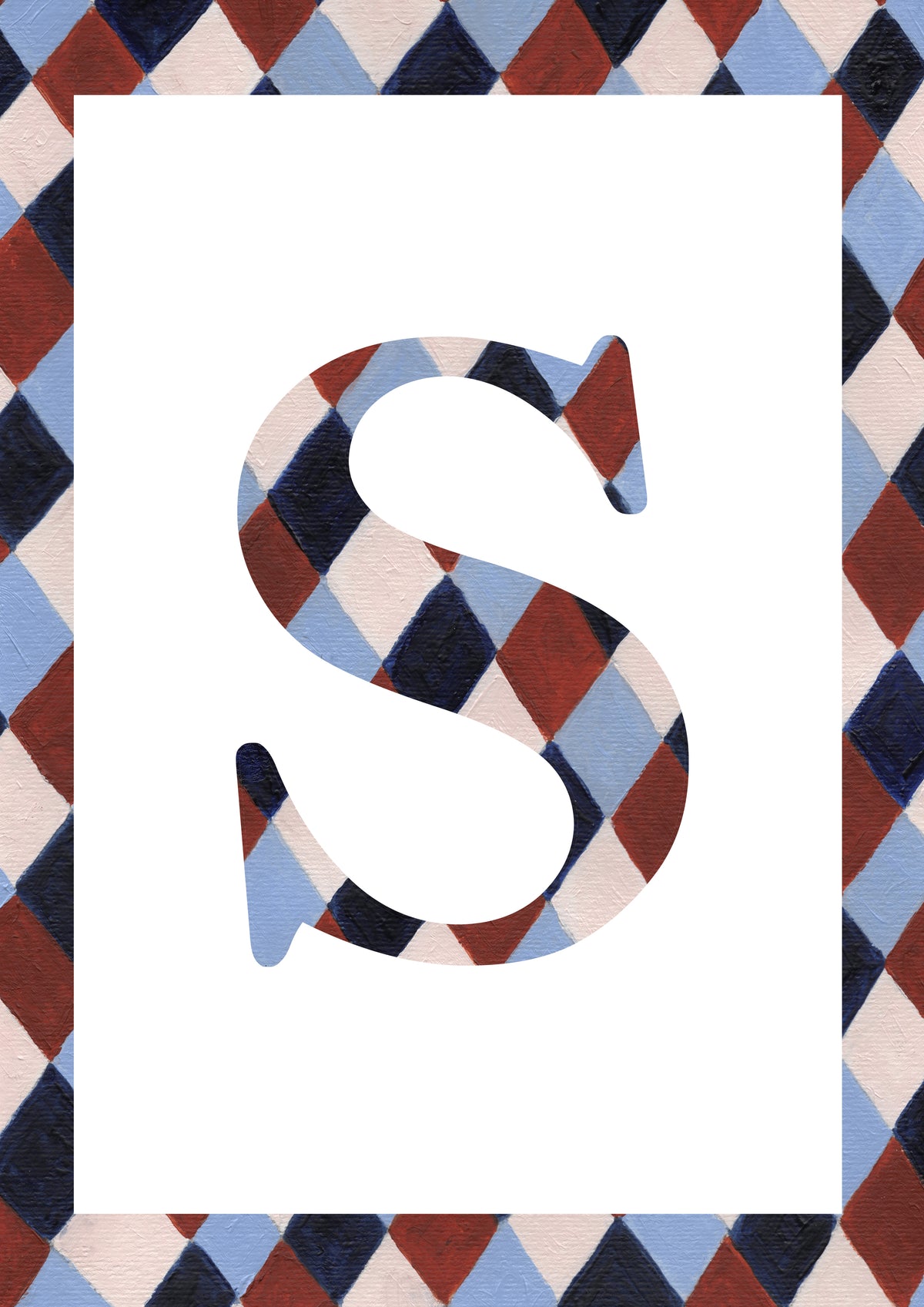 Letter S alphabet watercolour art print with a pale blue, navy, warm brown and cream harlequin-patterned serif S and matching diamond border on a white background.