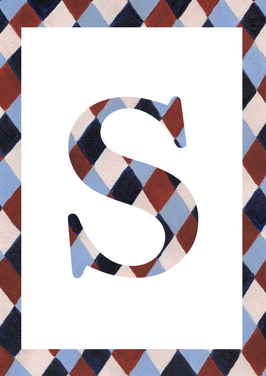 Letter S alphabet watercolour art print with a pale blue, navy, warm brown and cream harlequin-patterned serif S and matching diamond border on a white background.