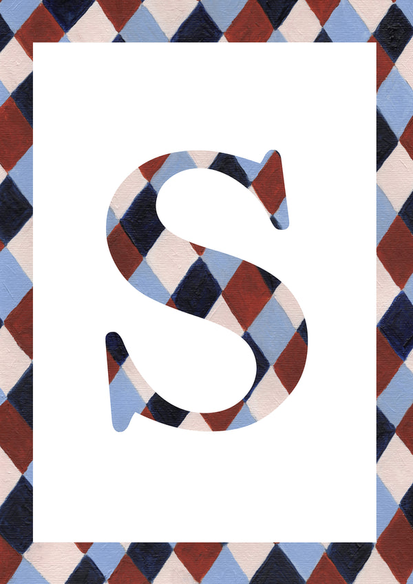 Letter S alphabet watercolour art print with a pale blue, navy, warm brown and cream harlequin-patterned serif S and matching diamond border on a white background.