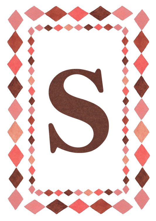 Watercolour letter S art print in warm brown with a double harlequin diamond border in coral pink, blush and brown on a white background.