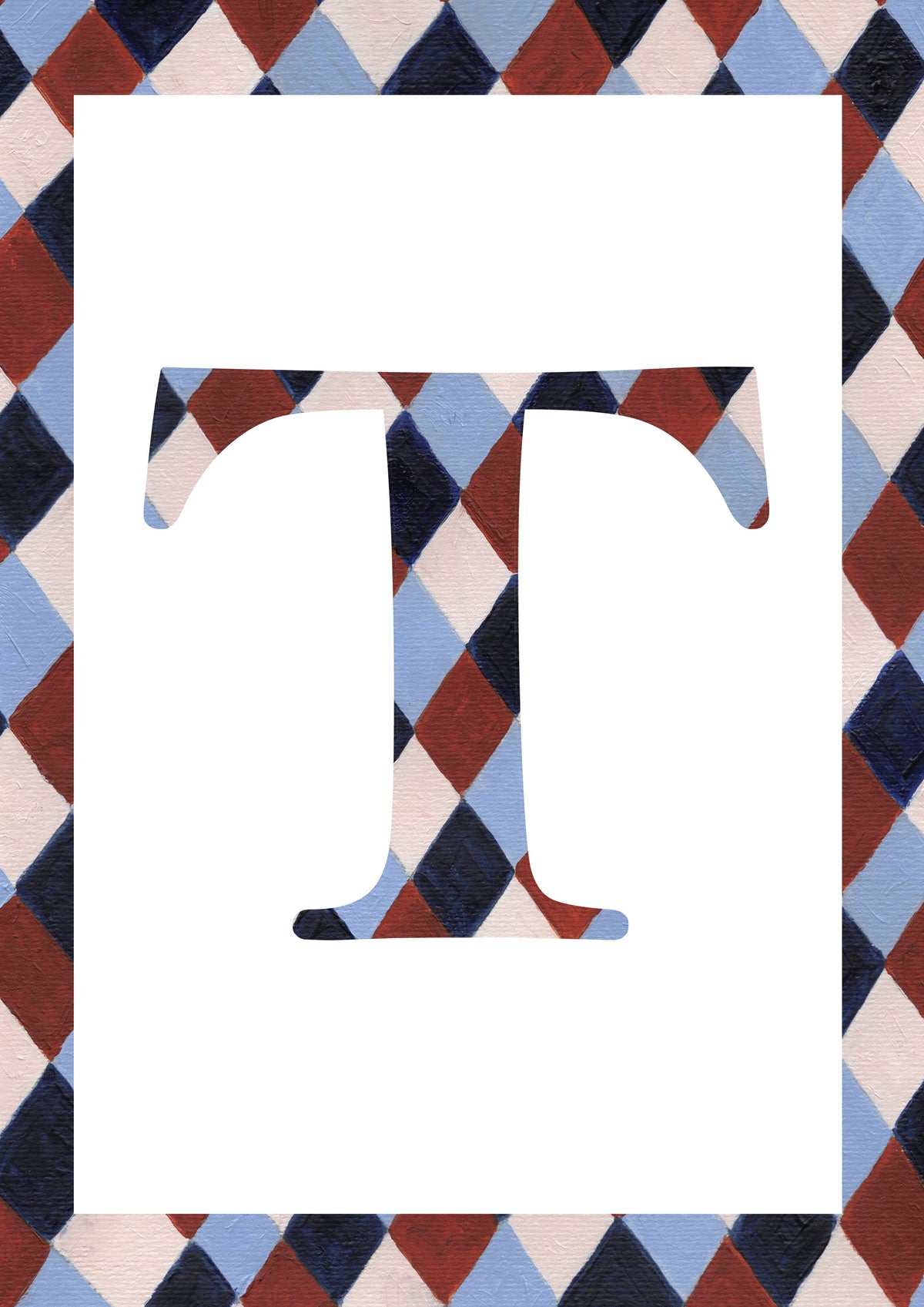 T alphabet watercolour art print with a pale blue, navy, warm brown and cream harlequin-patterned serif T and matching diamond border on a white background.