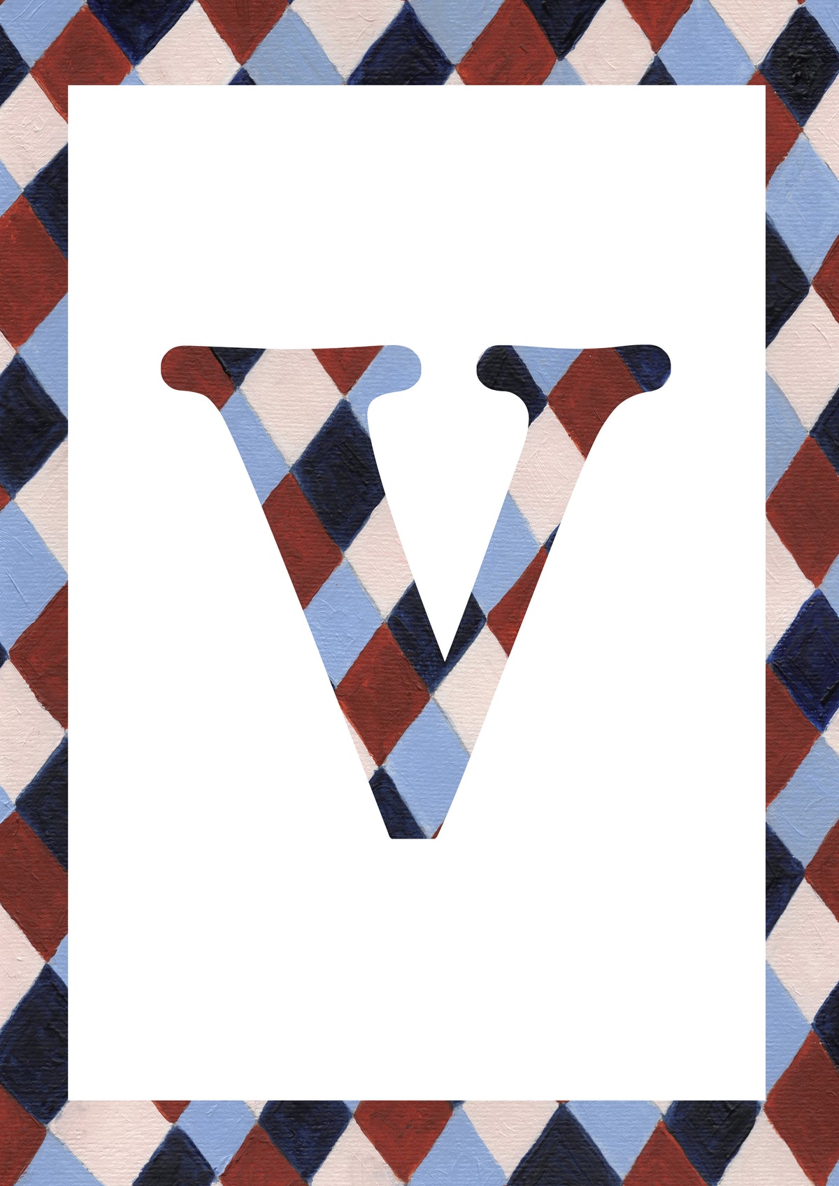 Capital letter V in a pale blue, navy, warm brown and cream harlequin diamond pattern, with a matching patterned border around a white centre.