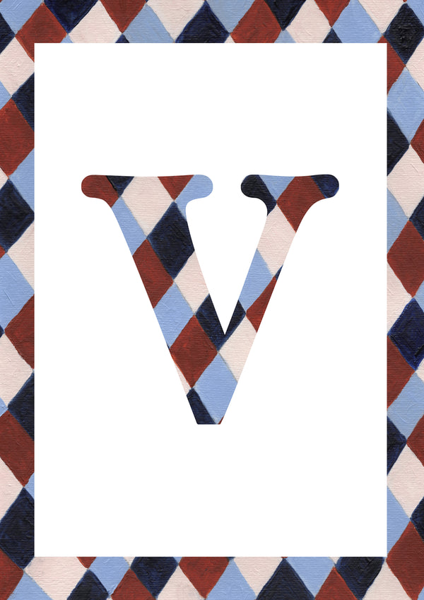 Capital letter V in a pale blue, navy, warm brown and cream harlequin diamond pattern, with a matching patterned border around a white centre.